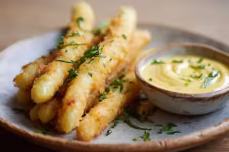 Asperges vertes panées et sauce hollandaise
