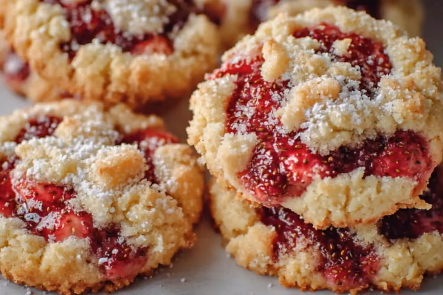 Ces biscuits crumble aux fraises ultra croustillants rappellent les pâtisseries de boulangerie Biscuits crumble aux fraises