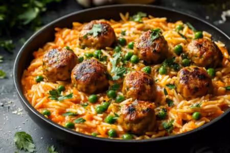 Orzo aux petits pois et boulettes de viande