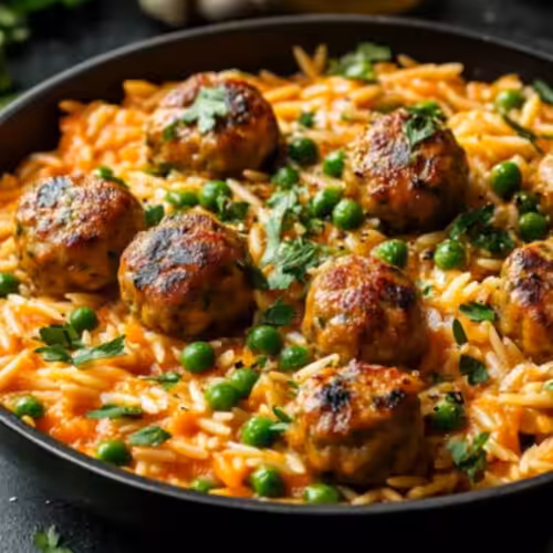 Orzo aux petits pois et boulettes de viande