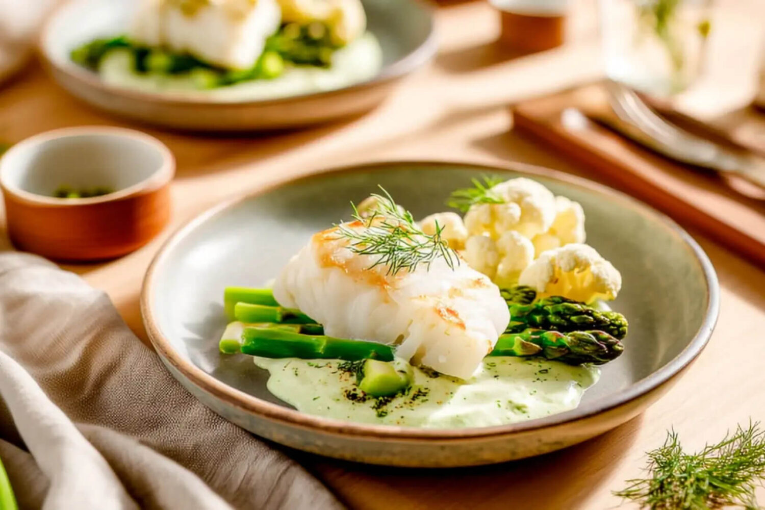 Cabillaud, crème de chou-fleur et asperges vertes