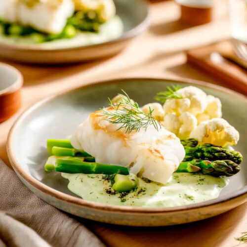 Cabillaud, crème de chou-fleur et asperges vertes