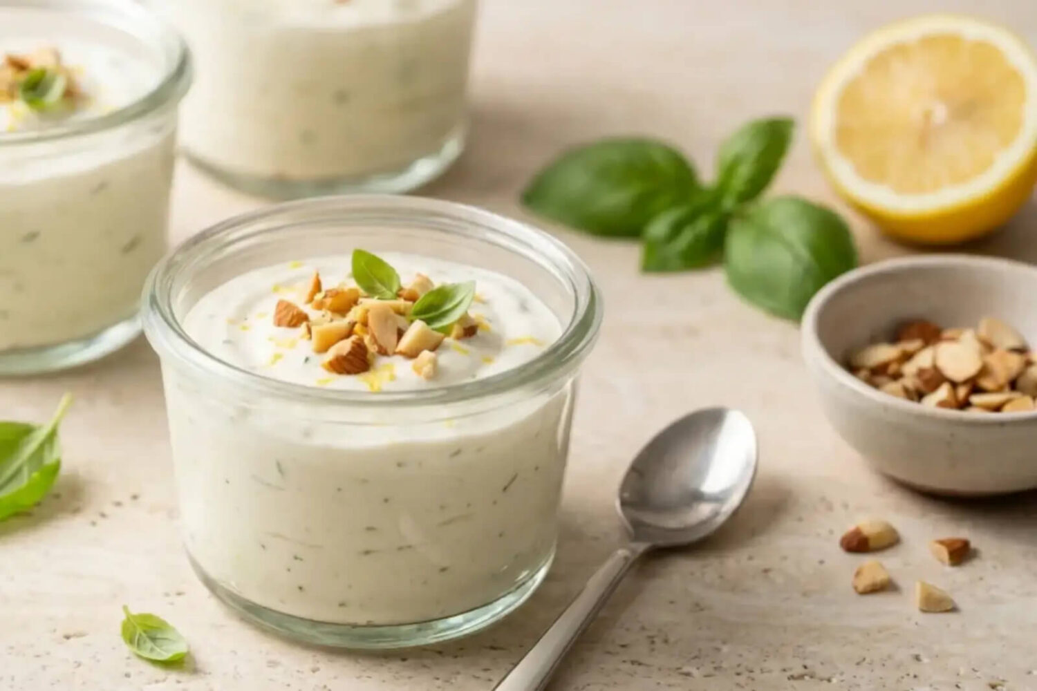 Crème de cheesecake citron-basilic à la ricotta et amandes