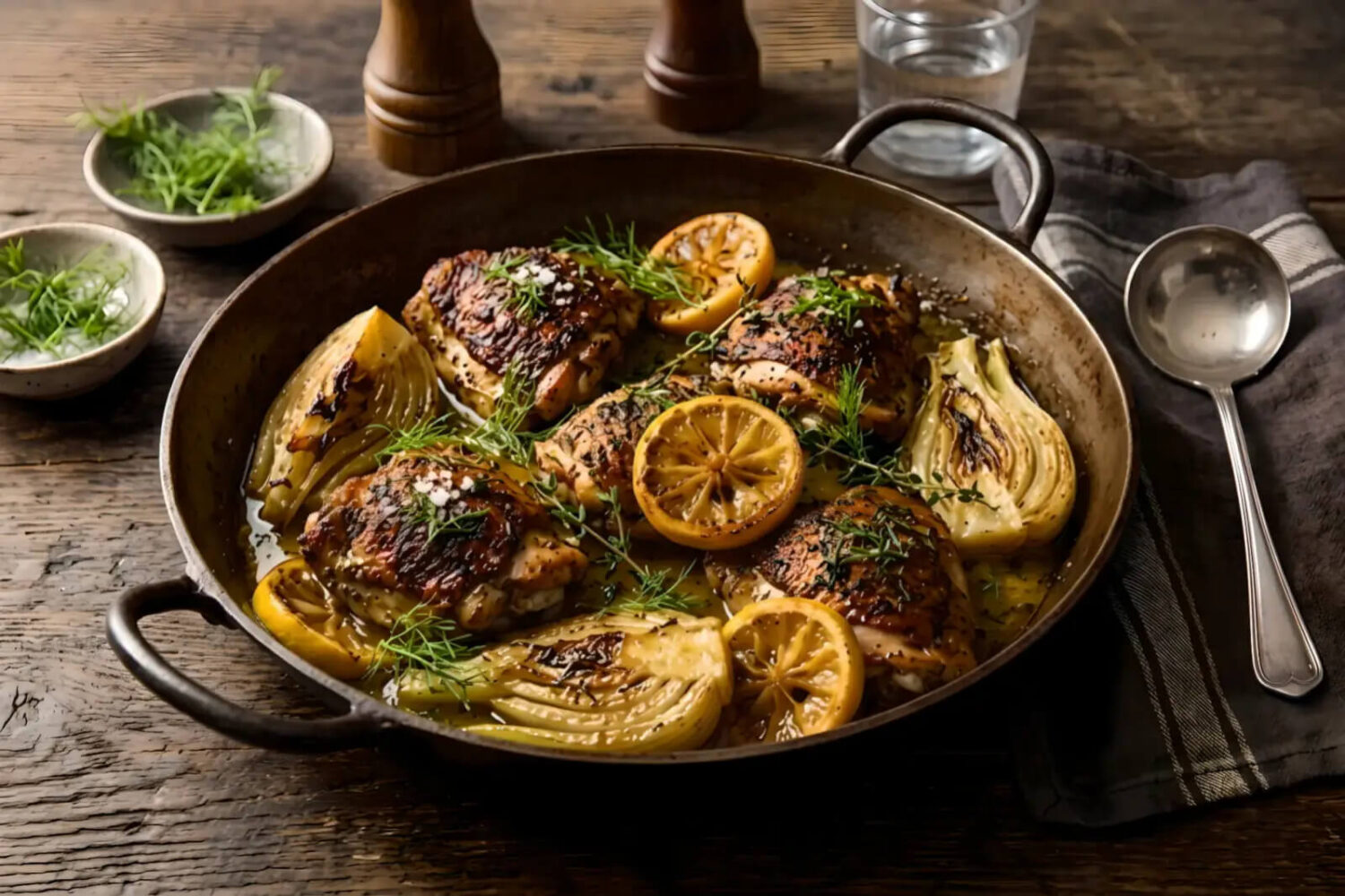 Poulet au citron et fenouil rôtis à la poêle