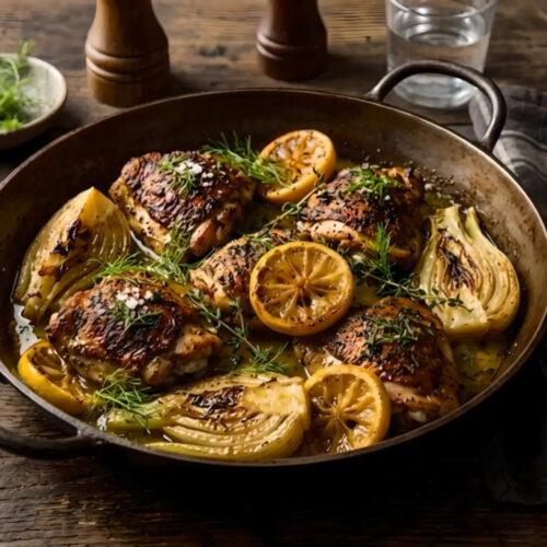 Poulet au citron et fenouil rôtis à la poêle