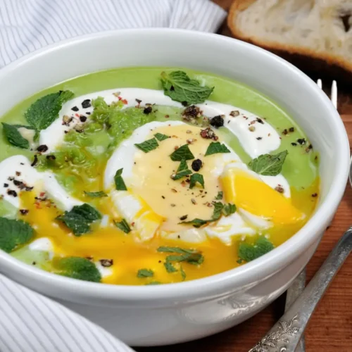 Soupe de blettes au mascarpone, œuf mollet et croûtons
