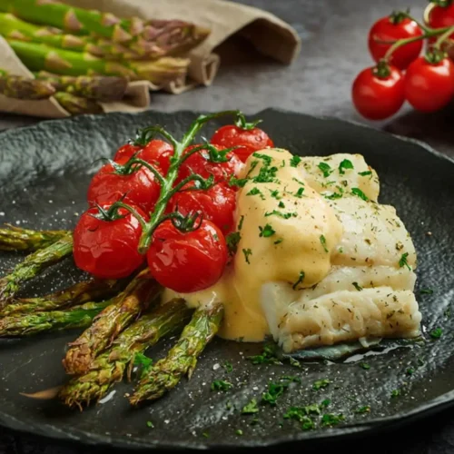 Cabillaud aux asperges vertes et sauce hollandaise