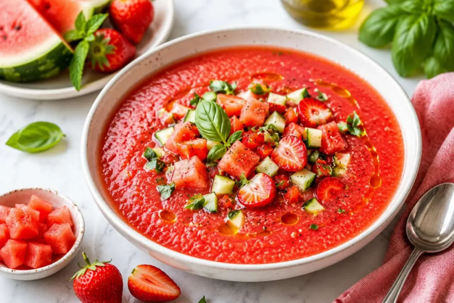 Gaspacho fraise pastèque : la soupe glacée ultra rafraîchissante de l’été prête en 10 minutes Gaspacho fraise pastèque