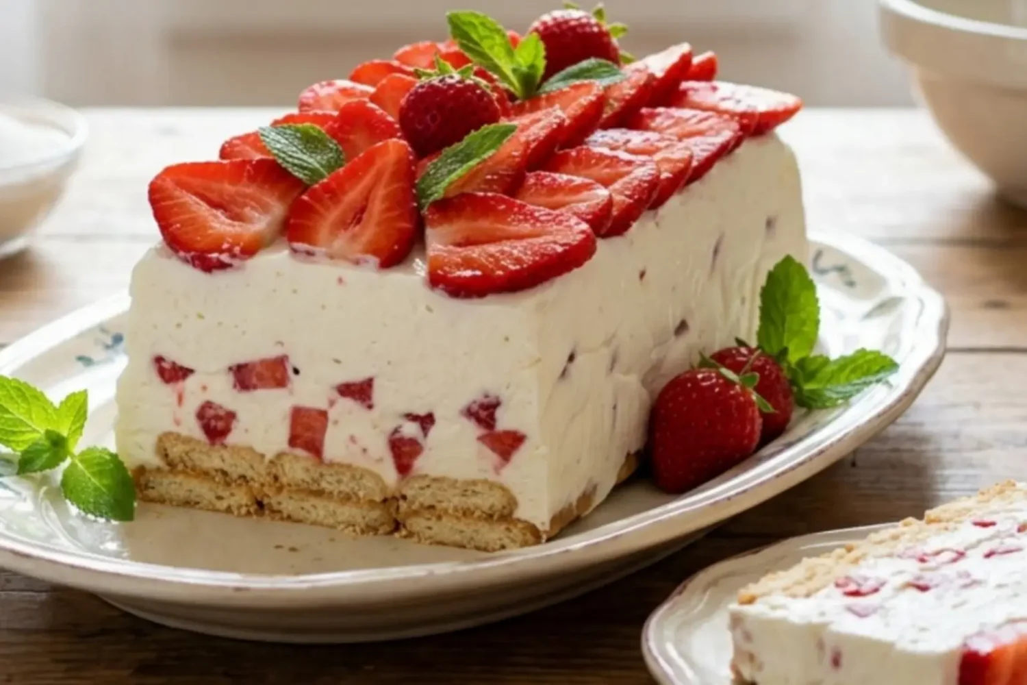 Mattonella froide au yaourt et aux fraises : le dessert italien sans cuisson qui fait sensation Mattonella au yaourt et aux fraises