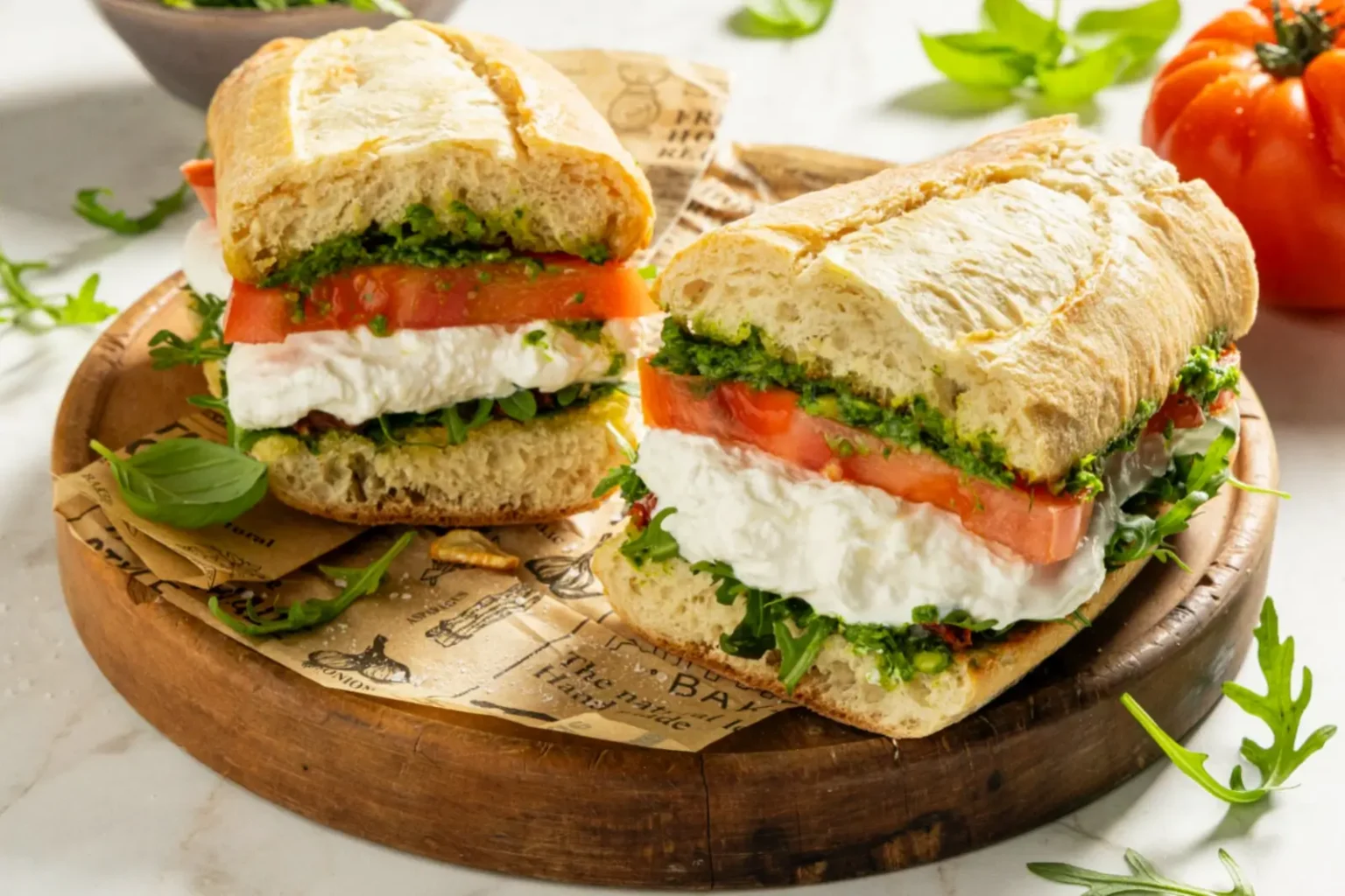 Sandwich à la burrata : la recette ultra gourmande prête en seulement 10 minutes sandwich à la burrata, tomate et pesto