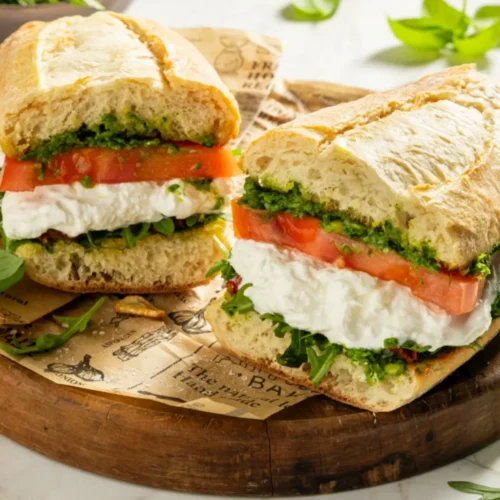 sandwich à la burrata, tomate et pesto