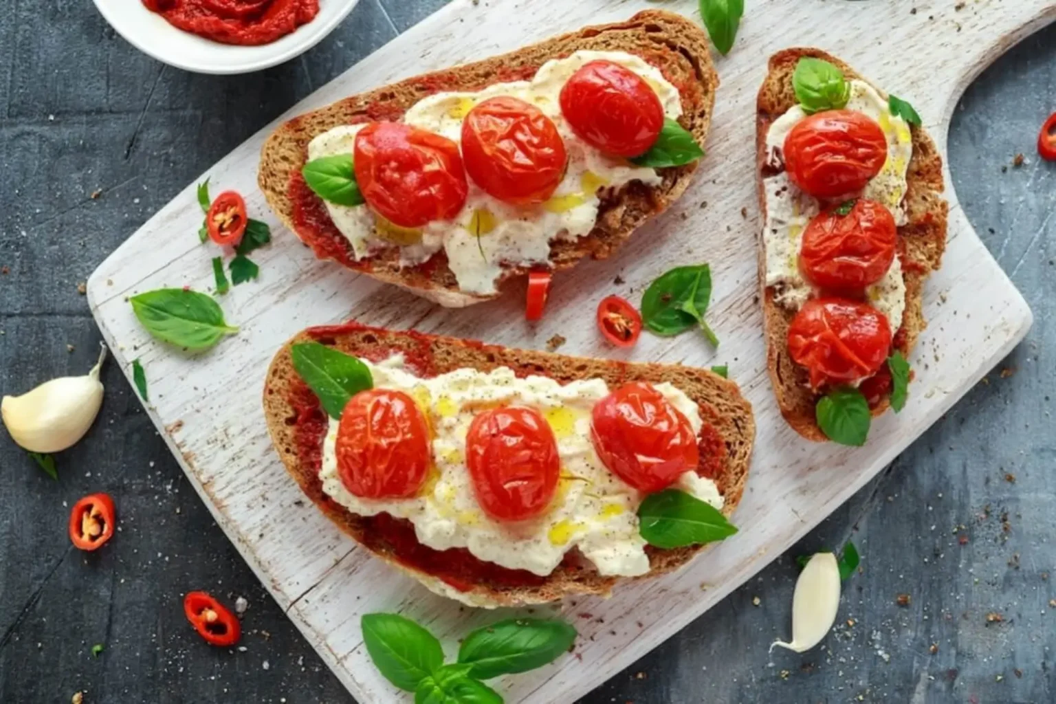 Tartines à la burrata et tomates cerises rôties