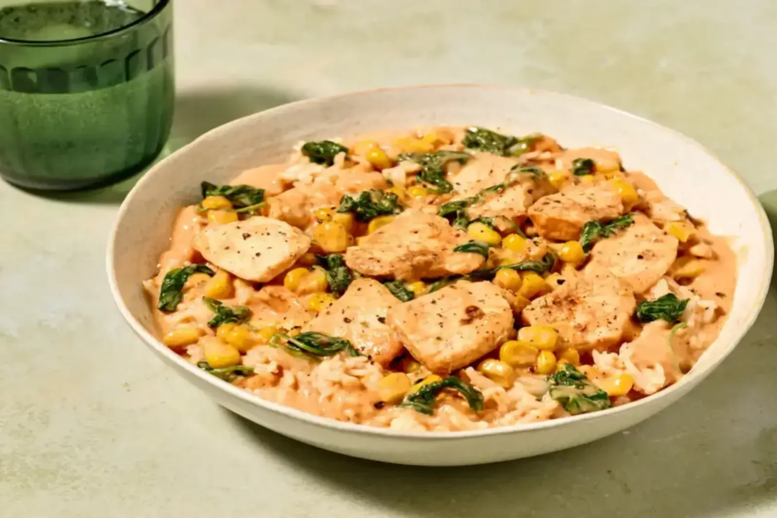 Bol de poulet crémeux au maïs sur un lit de riz