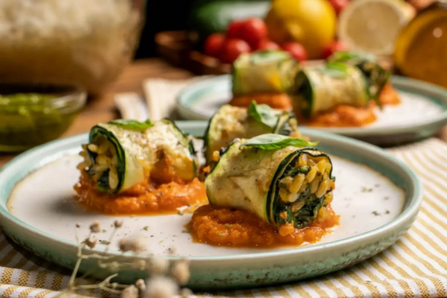Roulés de courgettes au pesto : cette recette fondante va vous faire oublier les cannellonis Roulés de courgettes aux épinards, riz et pesto