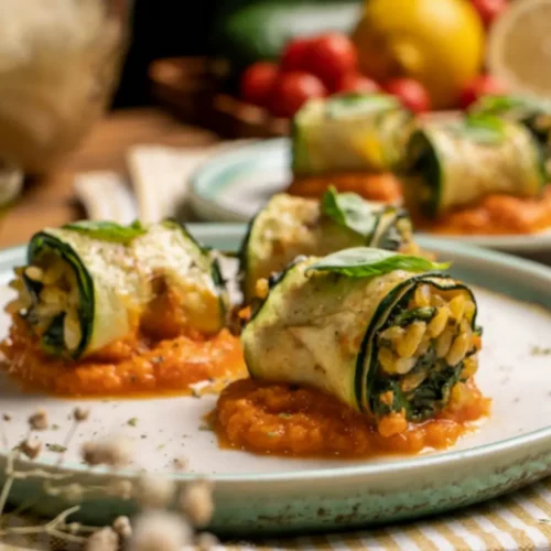 Roulés de courgettes aux épinards, riz et pesto