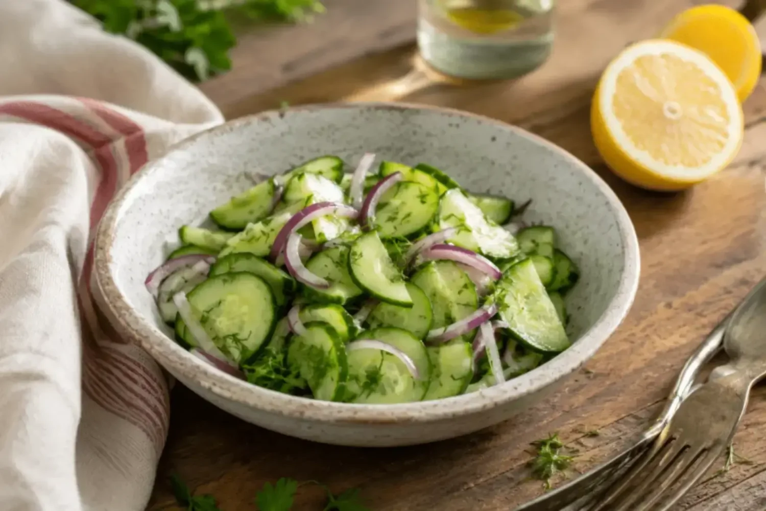Salade de concombre : cette astuce simple la garde croquante et pleine de fraîcheur Salade de concombre à l’oignon rouge