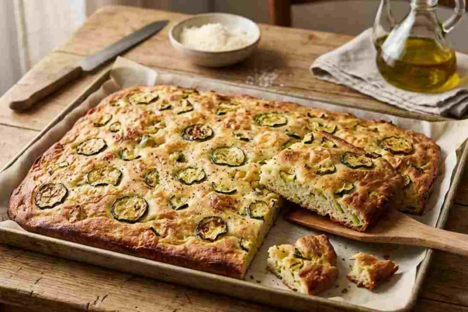 Schiacciata aux courgettes : la recette italienne croustillante qui change de la focaccia Schiacciata aux courgettes