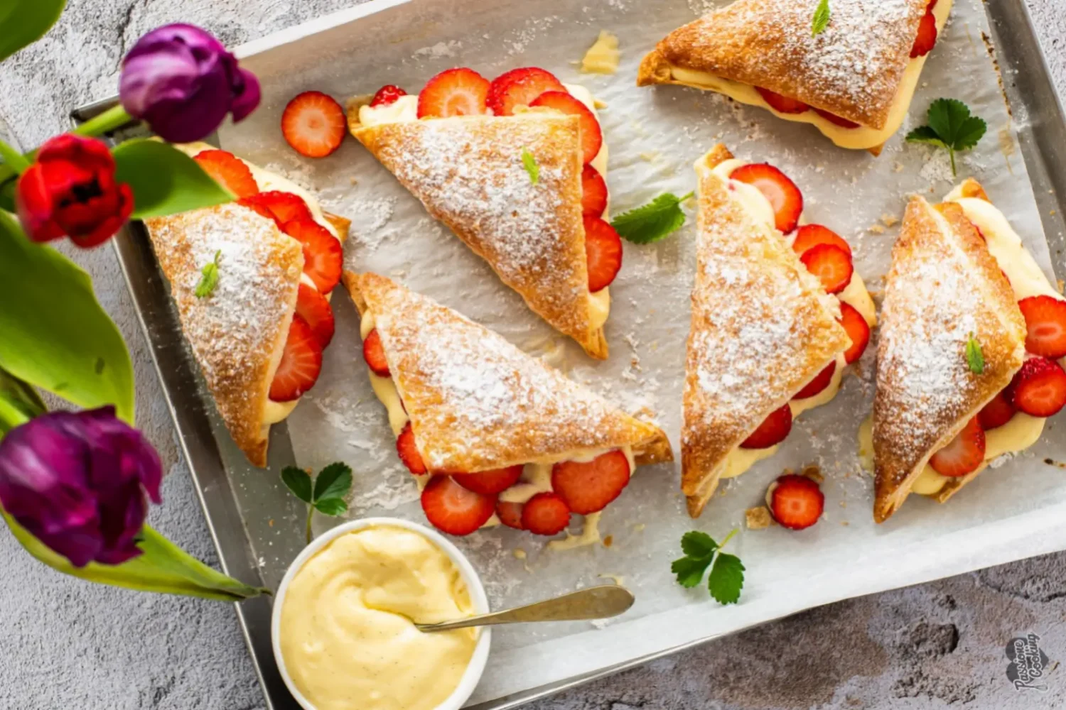 Feuilletés triangulaires aux fraises : le dessert croustillant qui fait croire à une pâtisserie de chef Feuilletés triangulaires à la crème pâtissière et aux fraises