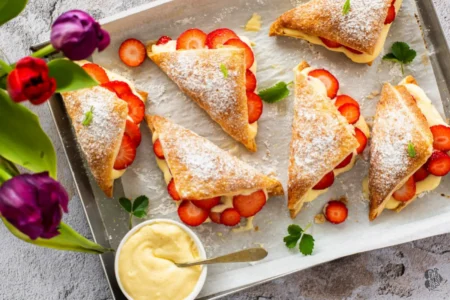 Feuilletés triangulaires à la crème pâtissière et aux fraises