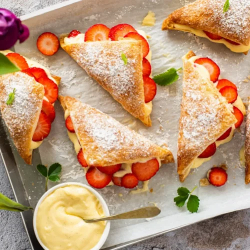 Feuilletés triangulaires à la crème pâtissière et aux fraises