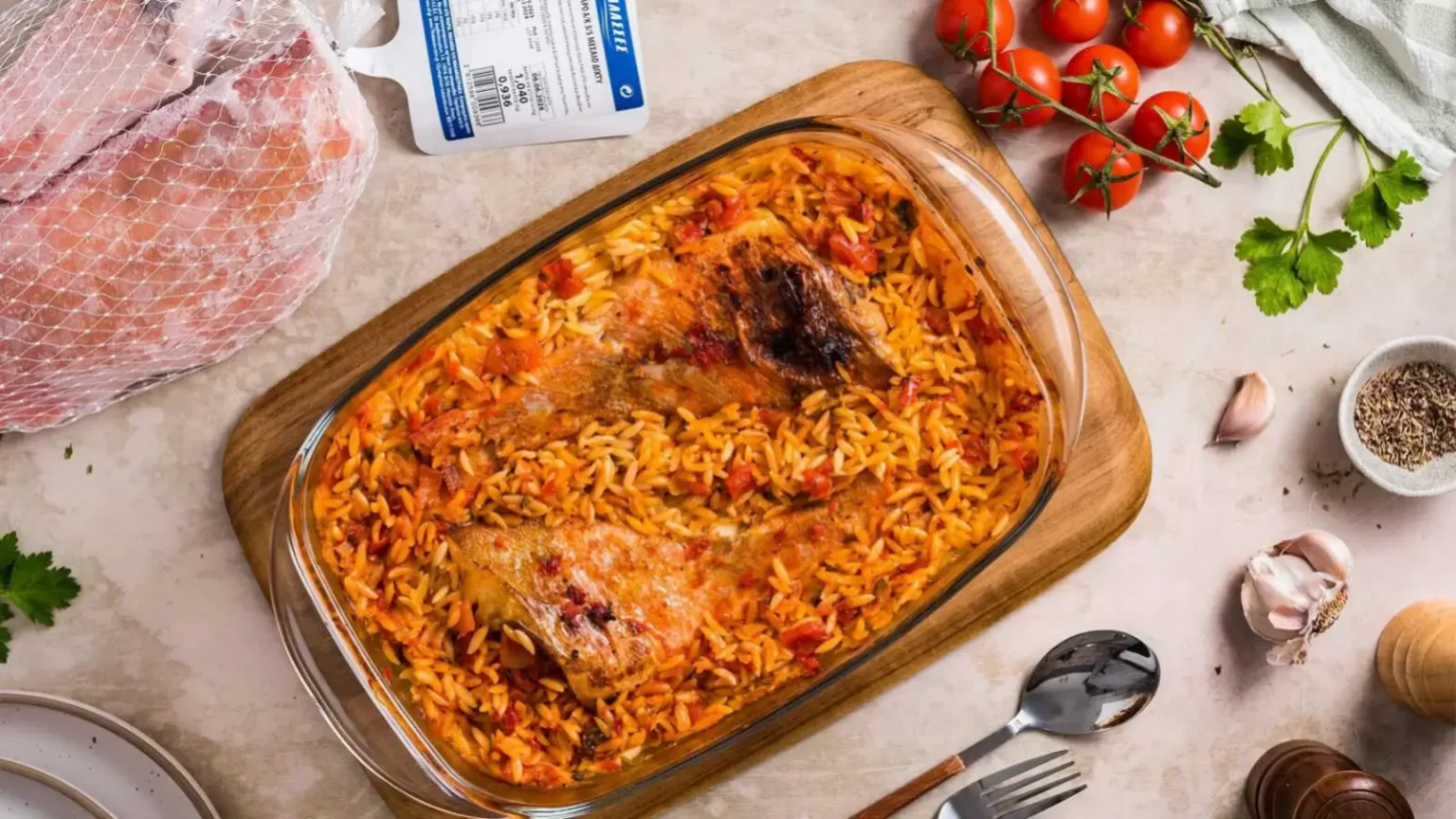 Poisson rôti à l’orzo : la recette grecque qui fait tout cuire dans un seul plat Poisson rôti à l’orzo